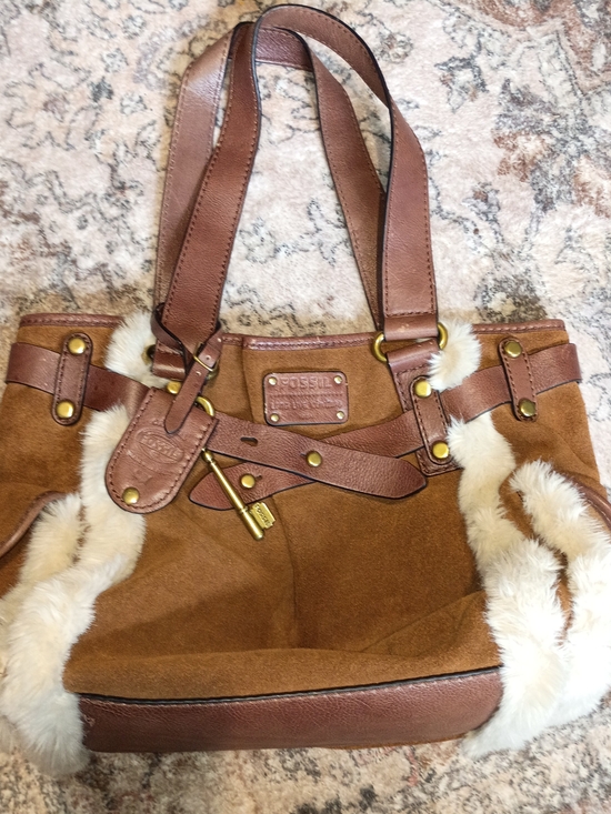 Fossil Handbags - Fossil Long Live Adrina - Brown Cow Hide & Leather Tote with Faux Fur Trim